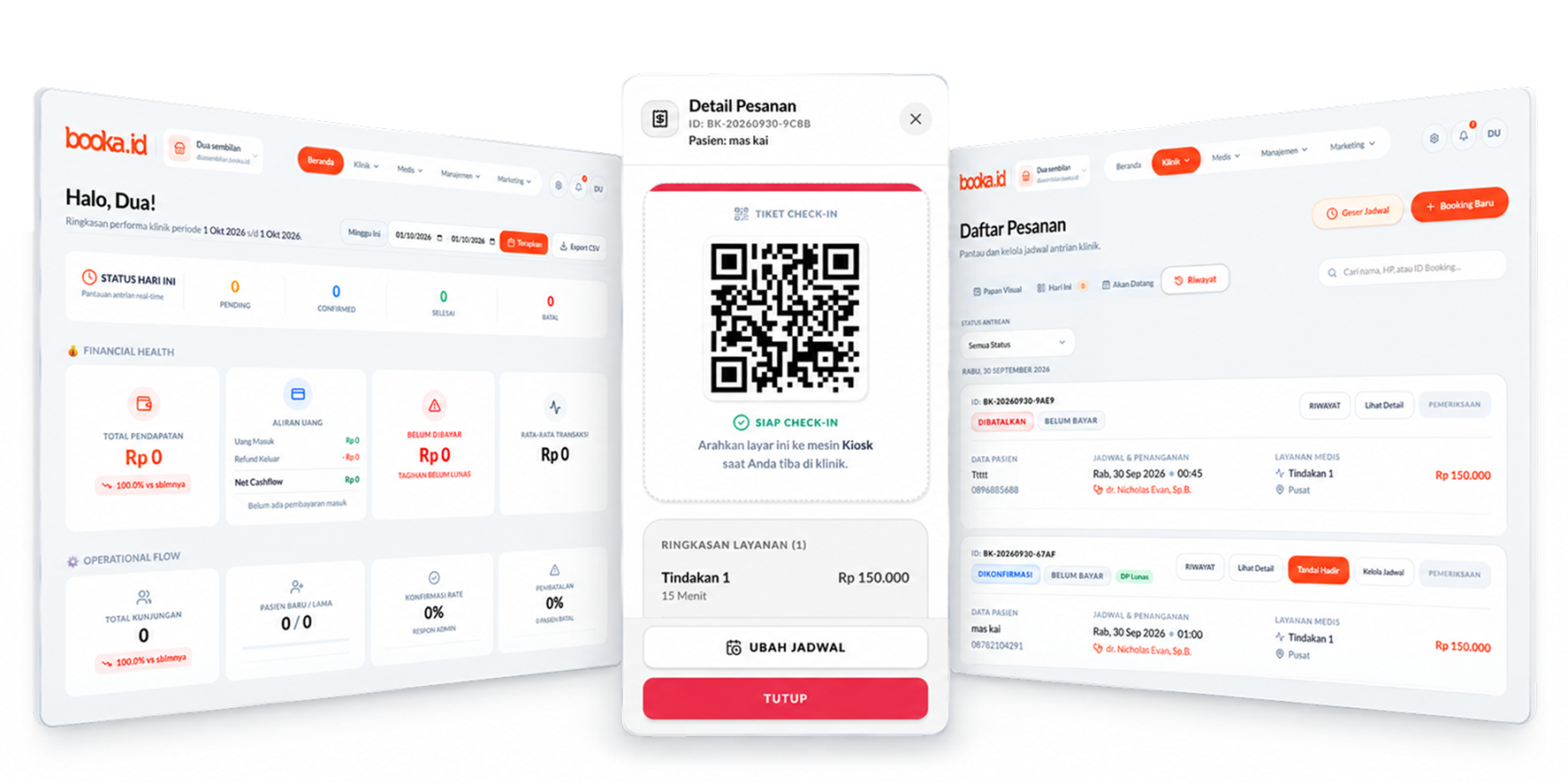Dashboard utama dan dashboard booking Booka dengan detail pesanan PWA pasien di tengah